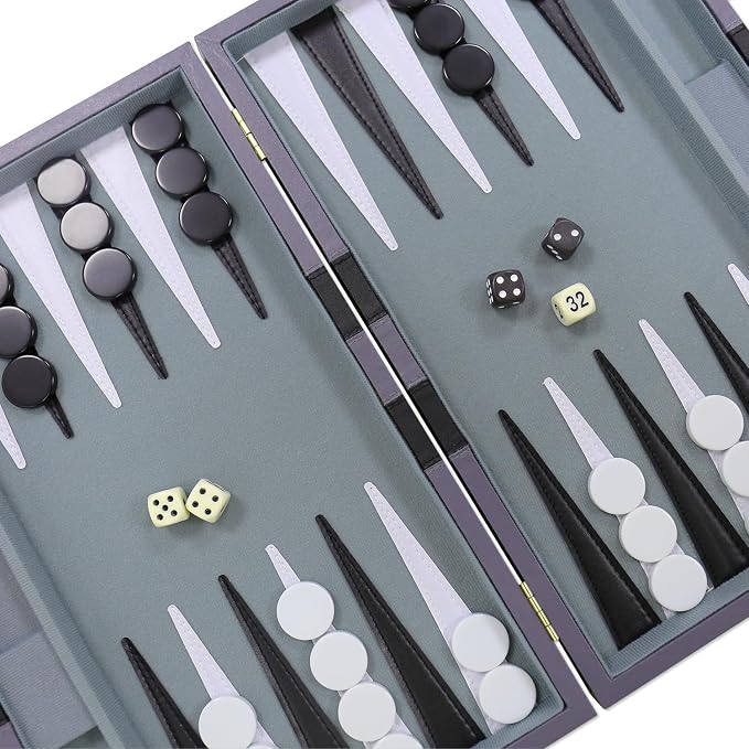 Backgammon Set - Classic Board Game with Premium PU Leather Case - Portable Travel Strategy Backgammon Game Set for Adults, Kids Family Game Night, Vacation & Gifts (15inch Medium, Gray)