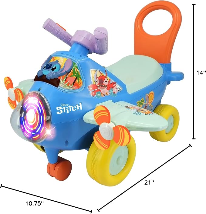 Kiddieland Disney Stitch Lights & Sounds Activity Plane Ride-On, Foot-to-Floor Toy with Interactive Dashboard, Rotating Propellers, Push Handle, for Toddlers 12–36 Months