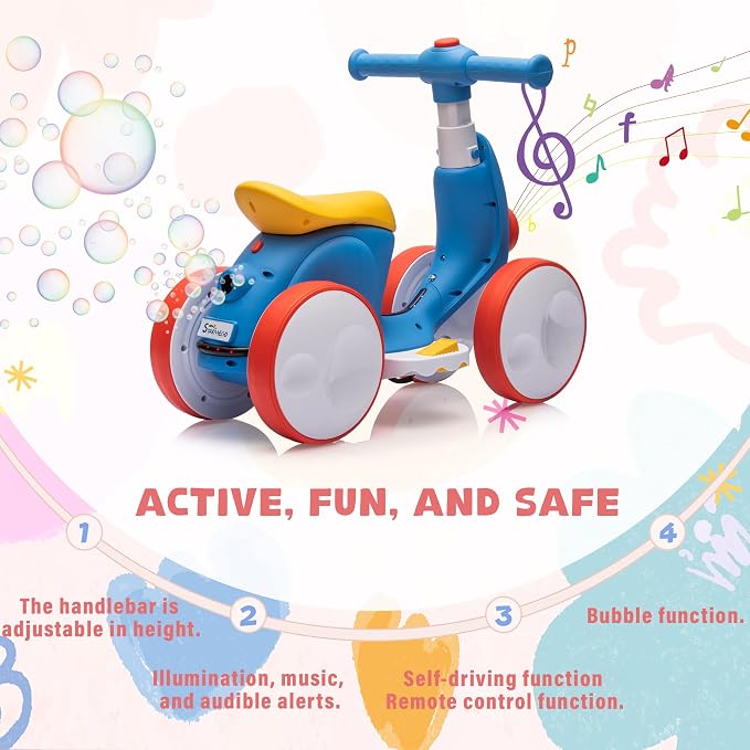 6V Electric Baby Balance Bike for 1 Year Old Boys Girls Ride on Toys 12-36 Months Toddler Balance Bike, 4 Wheels Kids First Bike with Remote Control First Birthday Gifts- Blue&Red