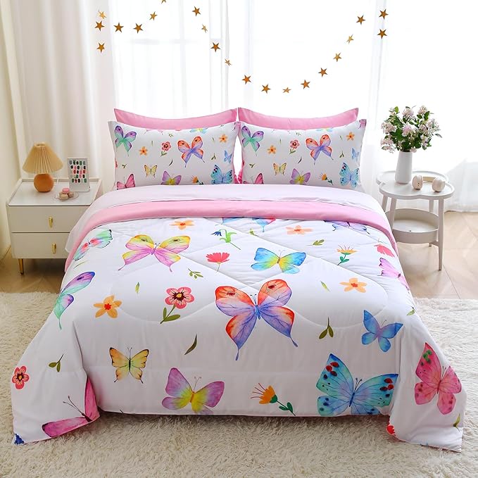 Wajade 7 Piece Butterfly Comforter Set for Girls Kids Cute Colorful Butterfly Flowers Floral Bedding Set Twin Size with Sheet and 2 Pillowcases 2 Pillow Shams Bed in a Bag as Birthday Choice