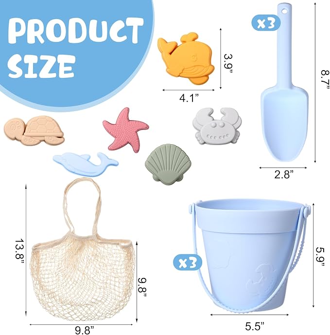 Hungdao 13 Pcs Silicone Beach Toys Travel Beach Set Sand Toys Including 3 Silicone Buckets 3 Shovels 6 Sea Creature Sand Molds 1 Bag for Kids Boys Girls Summer Pool Outdoor Bath(Green Gray Blue)