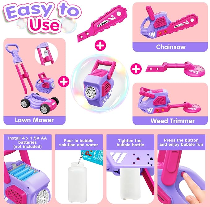 Bubble Lawn Mower for Kids Ages 3-8, 3-in-1 Bubble Machine with 10 Bubble Solution Refills, Outdoor Push Toy for Toddlers Boys Girls, Easter Summer Birthday Gift for 3+ Year Old