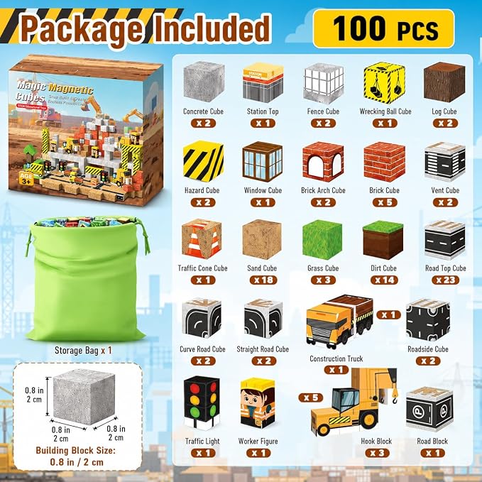 Magnetic Blocks 100PCS Construction Site Set - Build Mine Crane & Truck Magnetic Cubes, STEM Montessori Sensory Toys for Kids 3+, Educational Magnetic Tiles Gifts for Girls & Boys