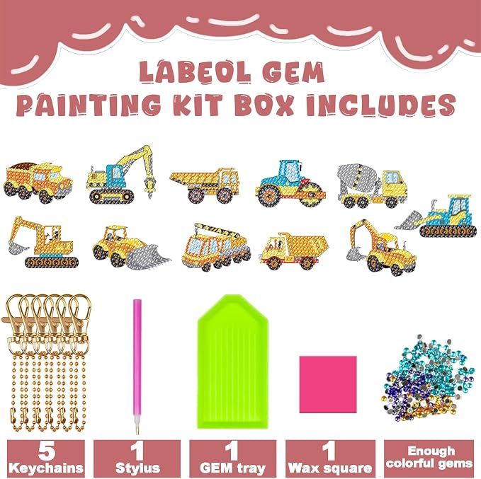 Labeol Arts and Crafts for Kids Ages 8-12 - Creat Your Own GEM Keychains-5D Diamond Art by Numbers GEM Art Kits for Kids Girls Toddler Crafts Age 6-7 6-8 10-12 (Engineering Vehicles)
