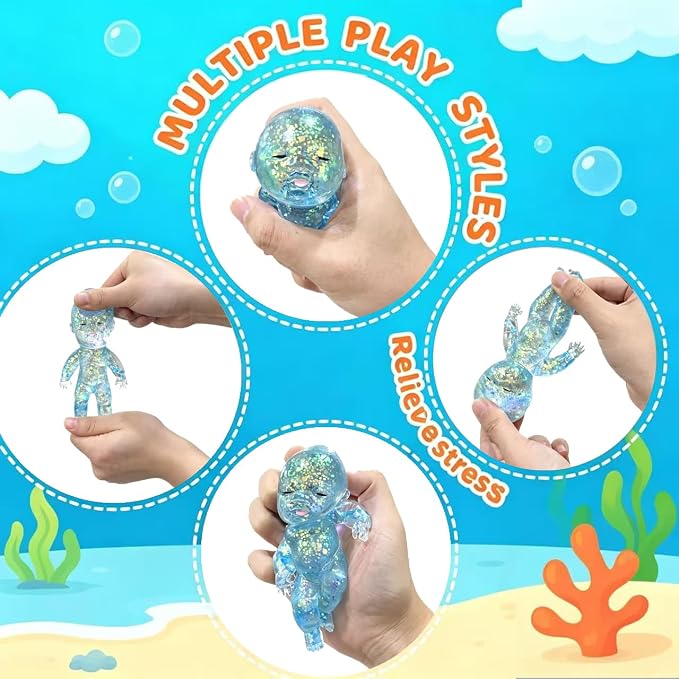 Shiny Baby Doll Soft Rubber Stress Relief Toy – Glowing Stress Ball – Cute Maltose Doll – Stress Relief Toy for Teens and Adults; Party Gift; Soft Toy for Anxiety Relief (Blue)