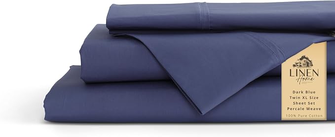 Linen Home 100% Cotton Percale Sheets Twin XL Size, Dark Blue, Deep Pocket, 3 Pieces Set- 1 Flat, 1 Fitted and 1 Pillowcase, Crisp Cool and Long Staple Strong Bed Linen