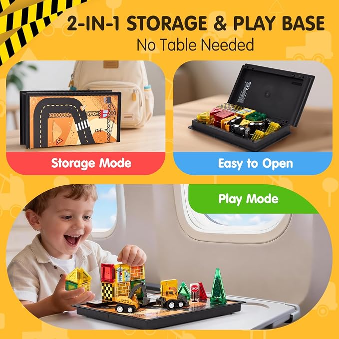 hahaland Mini Magnetic Tiles Travel Road Construction Toys Magnetic Building Blocks with Engineering Vehicles Trucks Case 2-in-1 Road-Themed Box Montessori Birthday for 3-6 Year Old Toddler