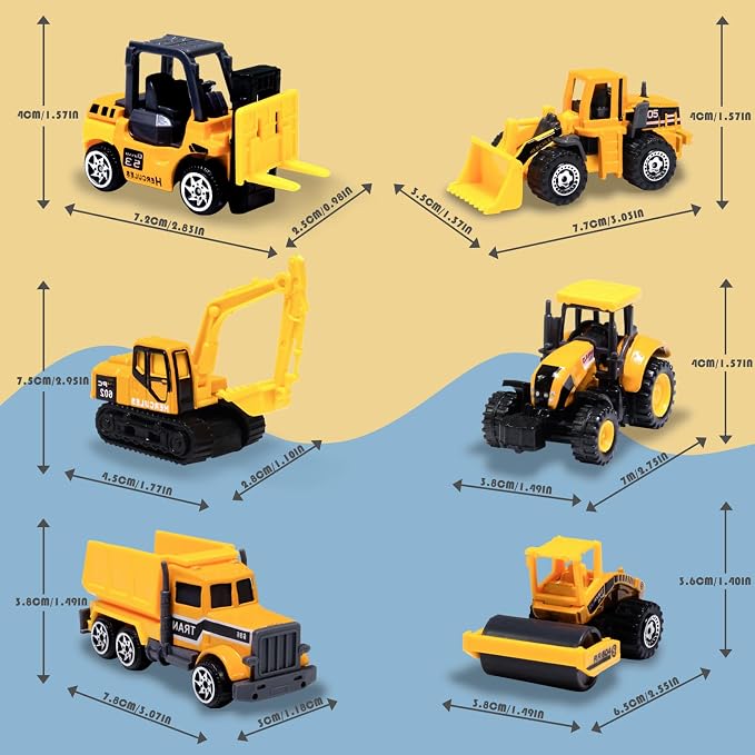 Oriate Construction 6PCS/Set diecast car, Including bulldozers, Forklift, Excavator & Other Educational Indoor & Outdoor Toy Cars, mini car Models for Boys and Girls 3 Years Old Birthday Easter Gifts