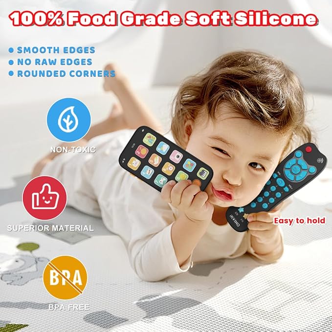 Toy Phone Baby Remote Control Toy Set, Play Phones TV Remote Control with Music Light for 6+ Months, Early Learning Baby Toys Gift for 1 Year Old Boys Girls Toddler Infant Kids, English/Spanish, Blue