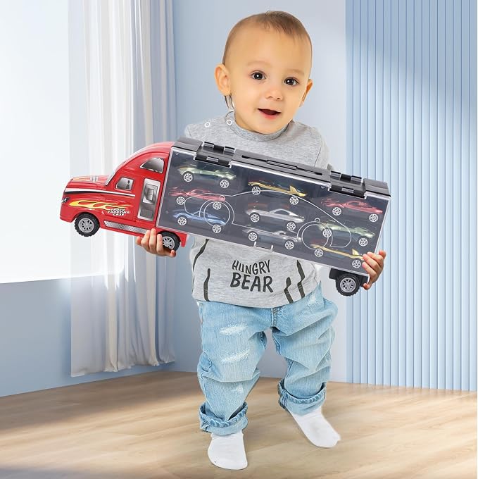 BoomCaCa Toy Truck Transport Car Carrier - 18 Sport Cars in Truck Toys, Toys for Boys and Girls Age 3-10 yrs Old, Ideal Party Christmas Birthday Gift for Kids