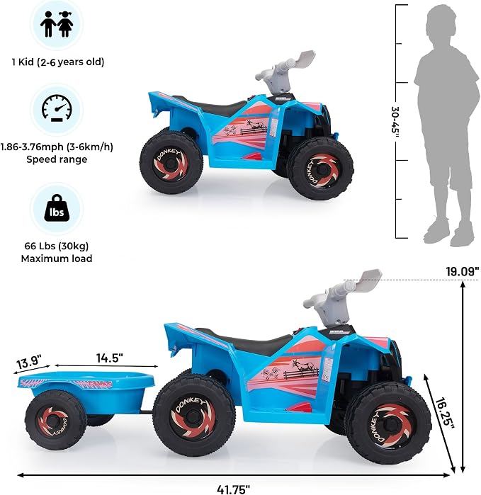 TOBBI 6V Electric Kids Ride On Toy Car with Trailer, Toddler 4 Wheeler Powered Vehicle, ATV to Drive with Music/Battery Volume Display for Children Age 2-6-Blue