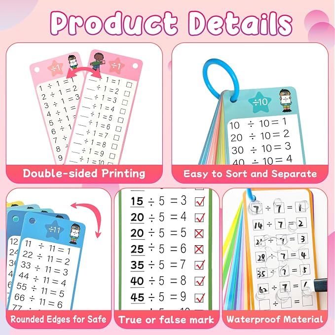 Division Flash Cards 1-12, 15PCS Times Table Flash Cards Chart, with Dry Erase Markers Sorting Ring, 1st, 2nd, 3rd Grades Educational Math Division Game for Kids Classroom Home
