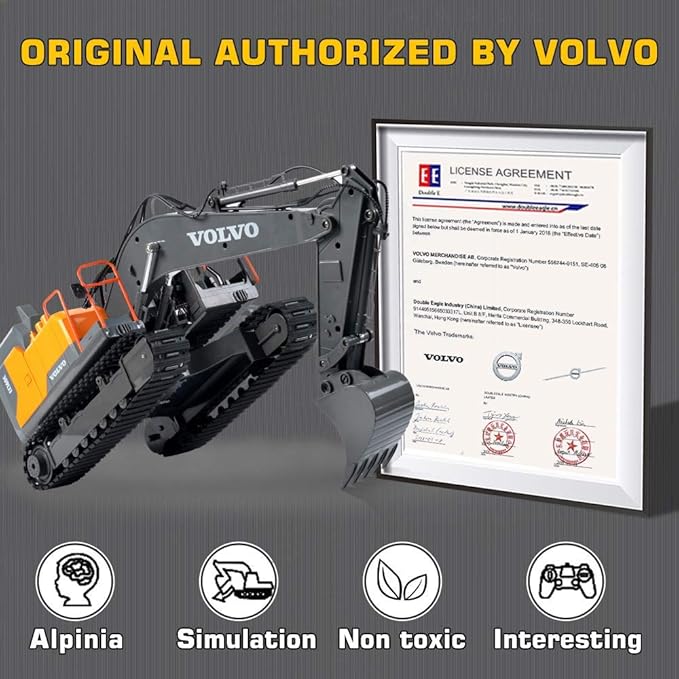 Double E Volvo 1:16 Scale Remote Control Excavator, 17 Channel 3-in-1 Construction Toy with Metal Shovel, Drill, Grab & Lights, 2.4GHz Full Function Digger for Outdoor Sandbox, Gift for Kids & Adults