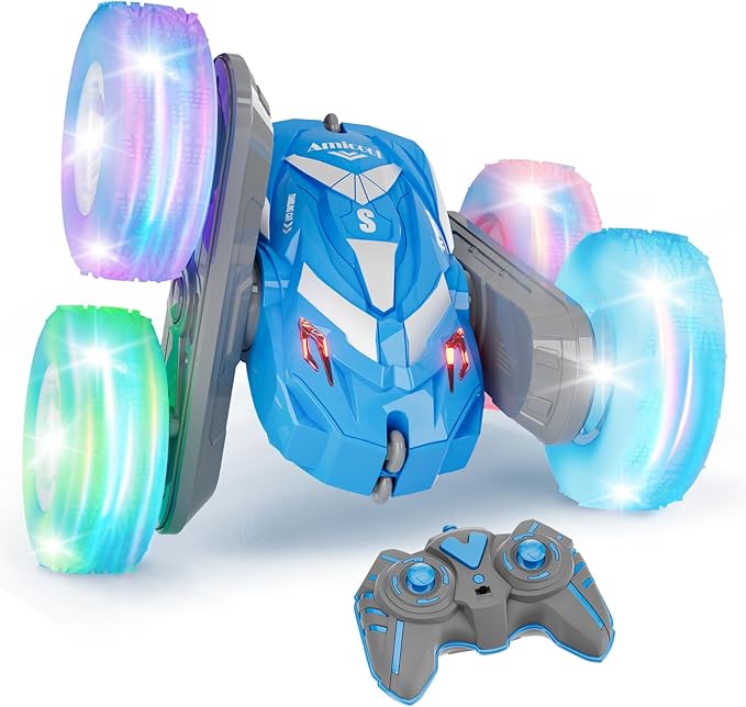 Amicool Remote Control Car for Boys 6-12 with Flashing Lights – 4WD Double-Sided 360° Flip Stunt RC Car | Birthday Indoor & Outdoor Play | Blue