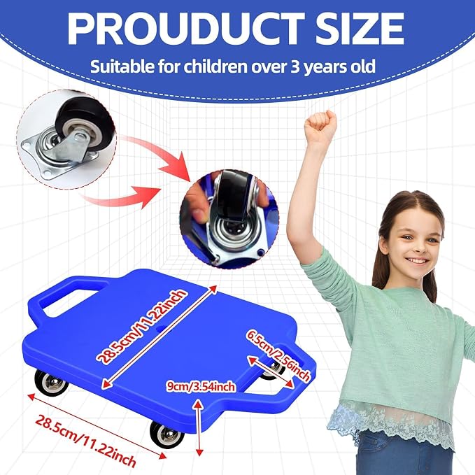2 Pcs Sports Scooter Board with Handles Colored Floor Sitting Scooter Board with Plastic Casters for Kids Gym Indoor Outdoor Activities Play Equipment