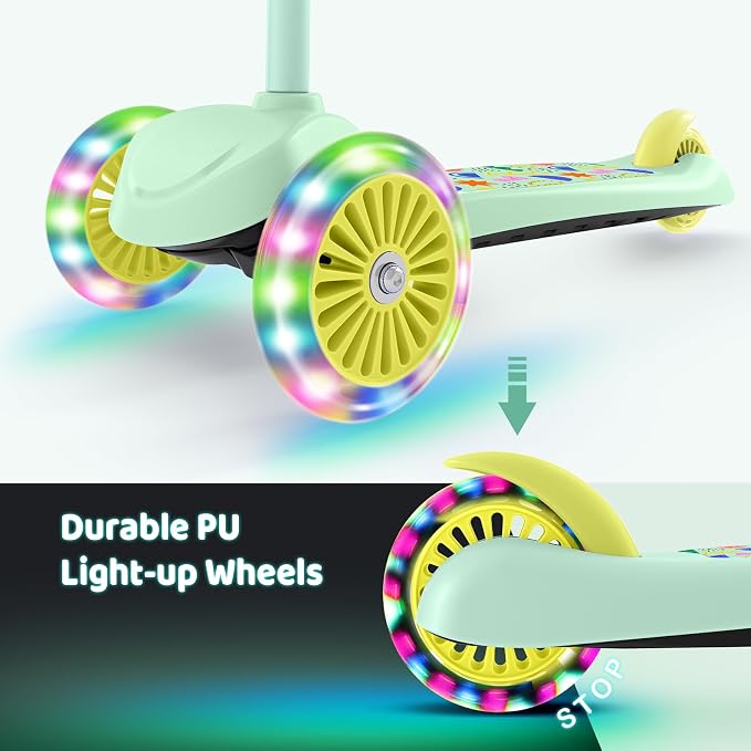 TONBUX Kids Scooter for Ages 3-5, Toddler Scooter with Light-Up Deck and Wheels, Adjustable 4-Level Height 3-Wheel Scooters for Kids, Lean-to-Steer Design