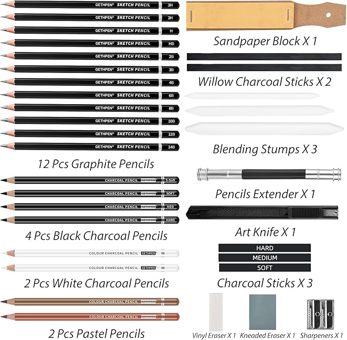 GETHPEN Sketch Pencils for Drawing,34 Pcs,Graphite Pencil (14B-4H), Charcoal Pencil,With Graphite Sticks, Erasers and Sharpener, Art Pencils for Sketching,Artist Set for Beginners and Professionals