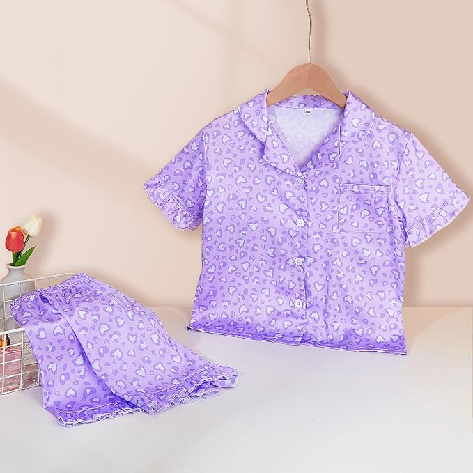 ICOSY Matching Doll & Girls Silk Pajamas Satin Pjs for Girls Button-Down Top and Shorts for 18" Doll Girl Clothes