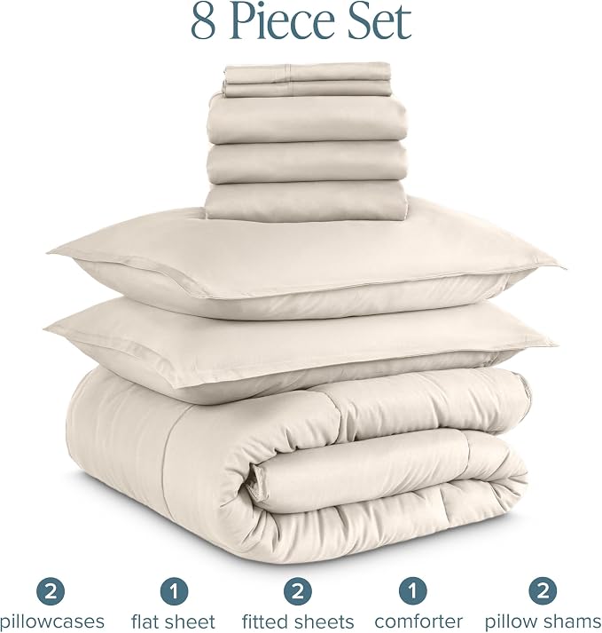 Bare Home Bed-in-A-Bag 8 Piece Comforter & Sheet Set - Split King - Goose Down Alternative - Ultra-Soft 1800 Premium Bedding Set (Split King, Sand/Sand)