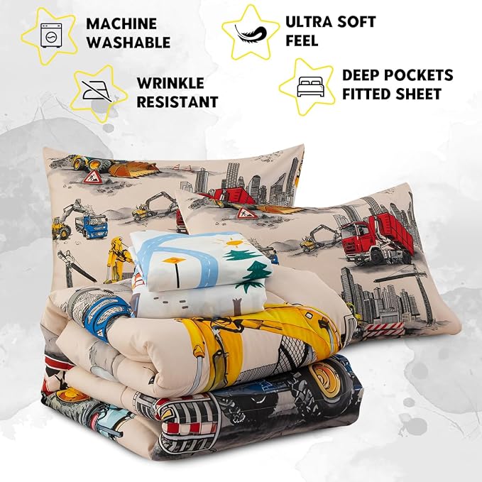 Holawakaka Trucks Tractors Cars Boy Bedding Comforter Set with Sheets, Twin Size Cartoon Construction Car Excavator Print Kids Bed in A Bag 5-Piece, Boys Reversible Dorm Bed Sets (Camel Twin)