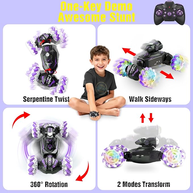 Gesture Sensing Remote Control Car, RC Cars Toys for Boys Age 6-12, 4WD Hand Controlled Twist & Transform 360° Spins Stunt Car with Mist, Light & Music, 8-10 Year Old Boys Birthday Gift Purple