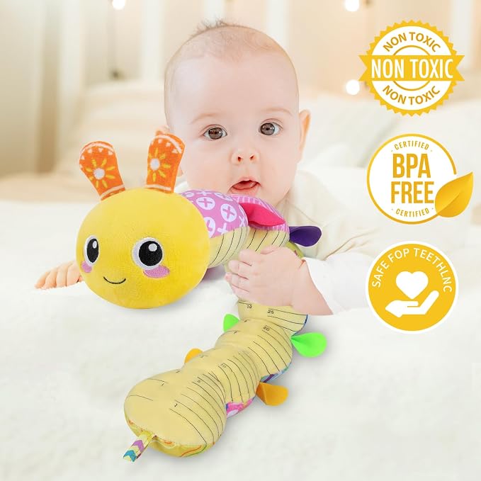 KMUYSL Baby Sensory Caterpillar Toys for 0-6 6-12 Months, Soft Plush Activity Toy with Crinkle, Rattle & Gentle Music, Tummy Time Toy for Infant Newborn, Early Development Toy Shower Gifts for Baby