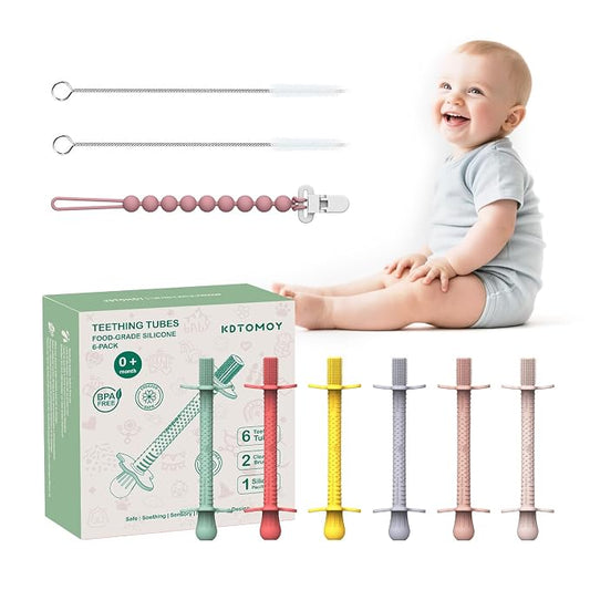 6pk Baby Teether Straws Silicone Teething Tube Stick Toy for 0-12M | Shielded Tube Teethers Sensory Toys, Soothing Infant Teething Straws, Hollow Textured Chew Sticks for Toddlers Relief