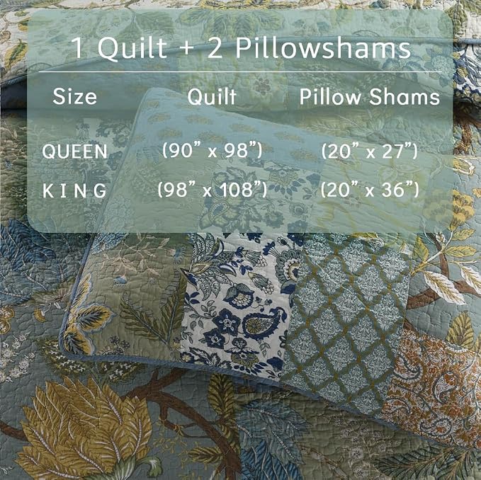 Cotton Bedspread Quilt Bedding Sets 3 Pieces Reversible Coverlet Sets Comforters Rustic Paisley Floral Patchwork Sage Green Bedspread, King Size
