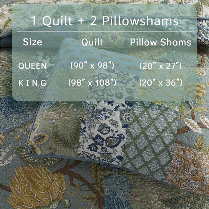 Cotton Bedspread Quilt Bedding Sets Reversible Coverlet Sets Comforters Rustic Paisley Floral Patchwork Sage Green Bedspread, Queen Size