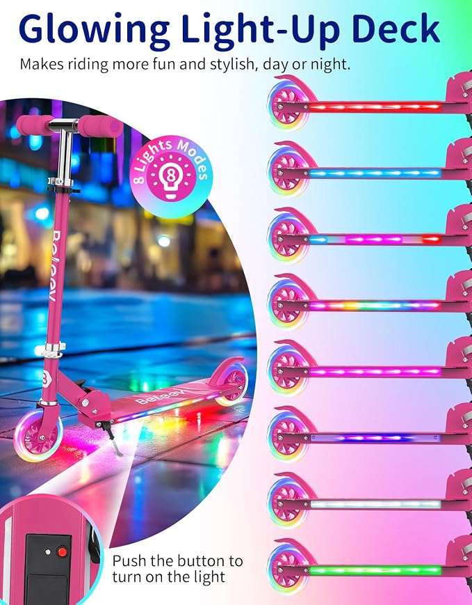 BELEEV V1 Scooters for Kids, 2 Wheel Folding Kick Scooter for Girls Boys, 3 Adjustable Height, Light Up Wheels, Lightweight Scooter with Sturdy Frame, Kickstand for Children 3 to 12 Years Old