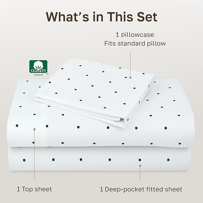 California Design Den Soft 100% Cotton Twin Sheet Set, 400 Thread Count Good Housekeeping Award Winner, Smooth Sateen Finish, Cozy and Durable Cotton Bedding Set - Polka Dot Print