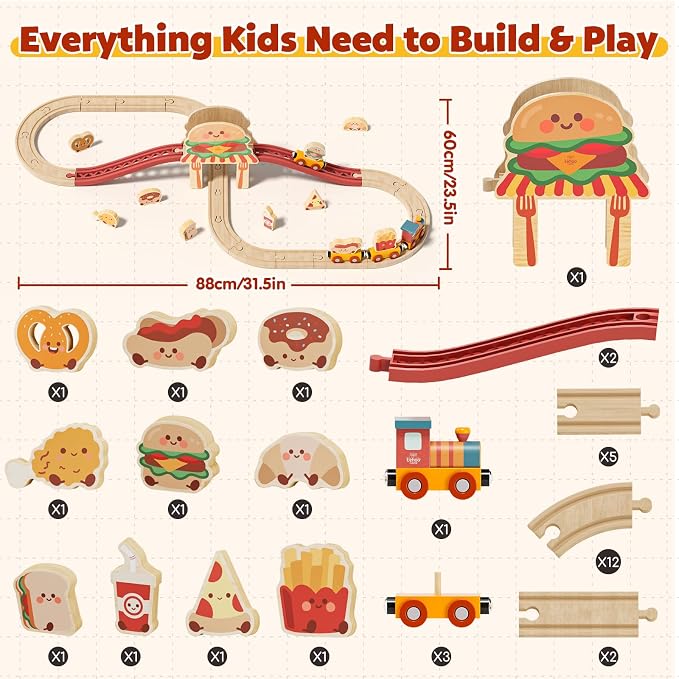 Lehoo Castle Wooden Train Set for Toddlers 2-4, Burger Theme Train Track Set Compatible with Major Brands, Expandable Wooden Railway Toy, Gift for Boys & Girls Ages 3-5