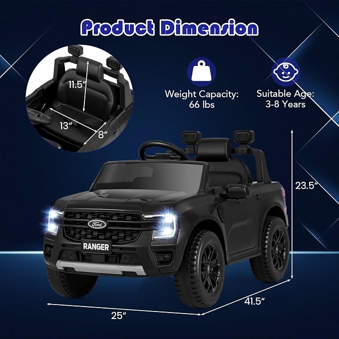 Licensed Ford Ranger Ride on Pickup Truck by INFANS, 12V Battery Powered Electric Vehicle for Kids with Remote Control, Headlight, Power Display, Bluetooth, MP3, Music, Aged 3-6 Years (Black)