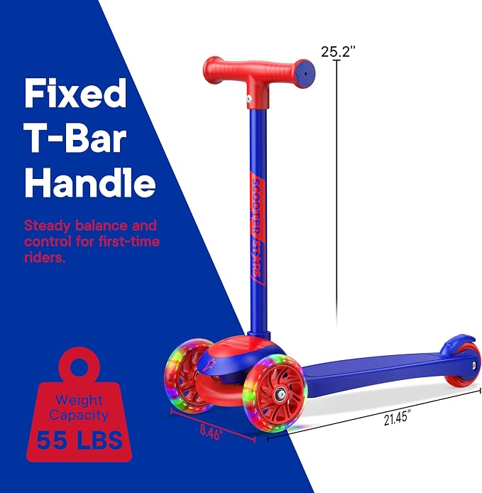 3 Wheel Scooter for Kids, Smooth Light Up LED Front Wheels, Wide Anti Slip Deck, Rear Foot Brake, Easy Lean to Steer Maneuvering, Indoor & Outdoor Ride On Toys for Ages 2 Up,