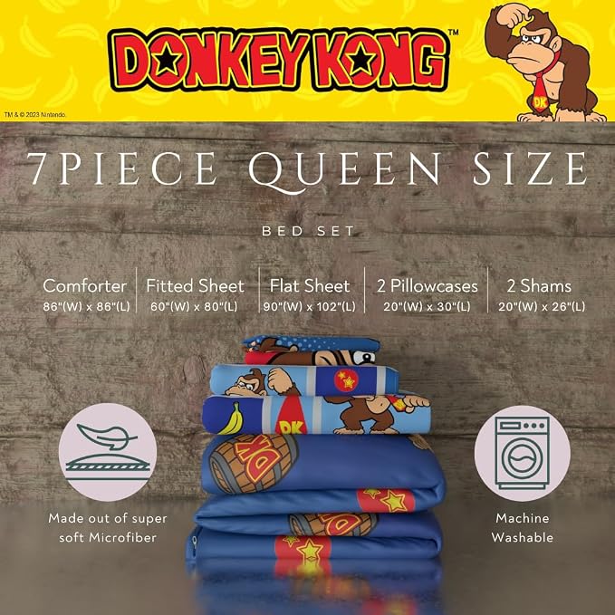 Collectibles Nintendo Donkey Kong Gaming Bedding 7 Piece Super Soft Reversible Comforter and Sheet Set with Sham, Queen, (Officially Licensed Product) By Franco