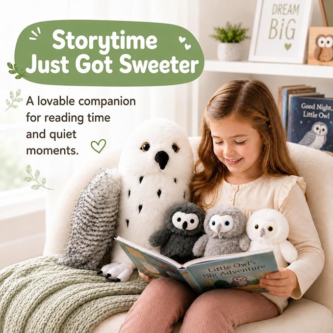 4Pcs Owl Plush Set, Giant Mother Owl Stuffed Animal with 3 Baby Owls Inside, 18" Cute Stuffed Owl for Girls Boys Kids, Soft Owl Plushie Gift for Christmas Birthday Baby Shower, White