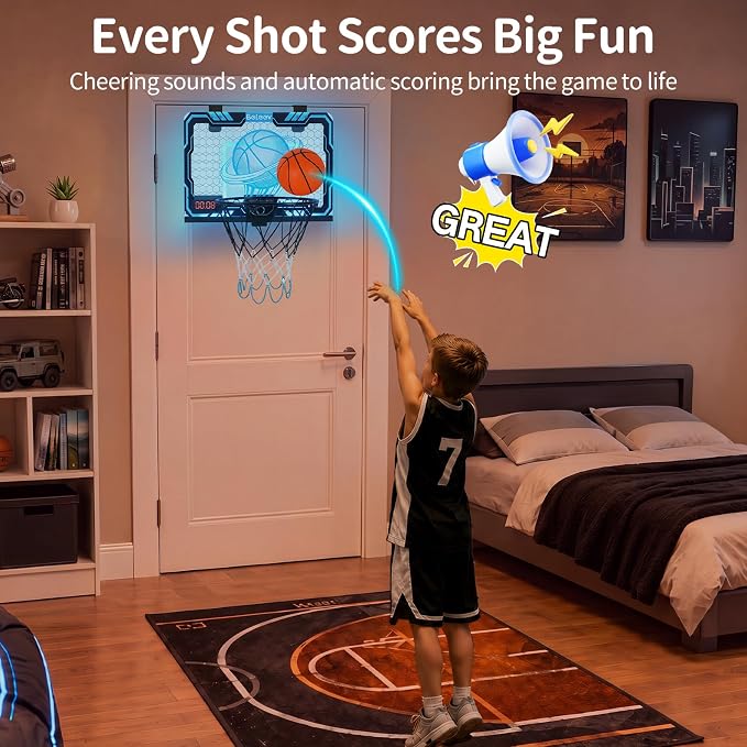 BELEEV Indoor Mini Basketball Hoop with LED Lights, Electronic Scoreboard & Sounds, Over The Door Basketball Hoop for Kids, Ball & Pump Included, Indoor Sports Toy Gift for Boys Girls Ages 4-12 (Blue)