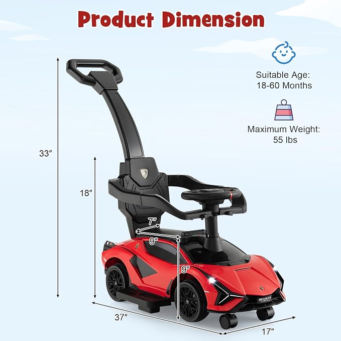 INFANS 3 in 1 Ride on Push Car, Licensed Lamborghini Baby Stroller Sliding Walking Car with Parent Control Handle, Music, USB, Headlight, Under Seat Storage, Foot-to-Floor Toy for 18-60 Months (Red)
