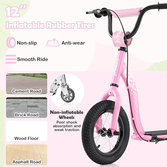GYMAX Scooter, Kick Scooter for Adults, Teens, Kids with Adjustable Handlebar, 12” Inflatable Wheels, Front Caliper Brake & Non-Slip Deck, Heavy Duty Off-Road Scooter