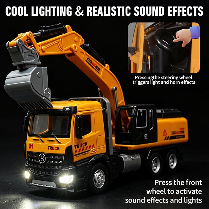 Excavator Toy Diecast Metal Cab Construction Truck Toys for Kids Excavator with Movable Robotic Arm Pull Back Toy Excavator with Lights and Sounds Excavator Toys for Boys 3-5 Year Old