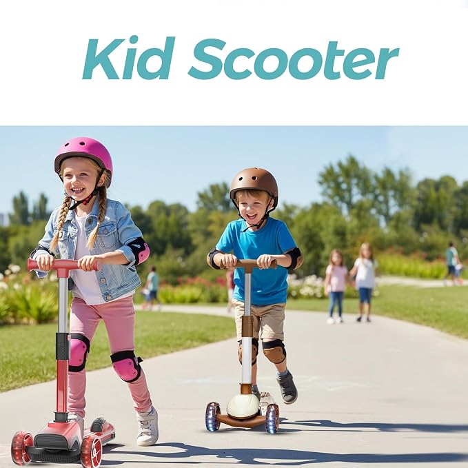 3 Wheel Scooter for Kids Ages, Kids Kick Scooter with LED Light-Up Wheels & Adjustable Handlebar, Toddler Scooter with Rear Brake (Brown)