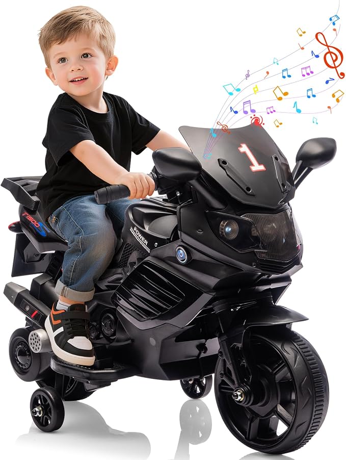 Kids 6V Ride On Motorcycle, Battery Powered Ride On Toys w/Treaded Tires, Working Headlight, Horn, Music, Training Wheels, Stable Electric Toddler Motorcycle for Kids, Gift for Boys Girls, Black