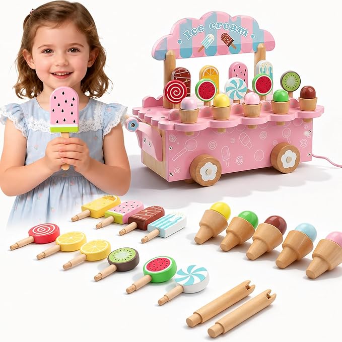 BROWNROOT Wooden Ice Cream Cart for Kids, Pull Along Pretend Play Food Toys with Fruit Popsicles Lollipops, Play Kitchen Accessories Preschool Store Toy for Toddlers Girls Boys 3+ Gift