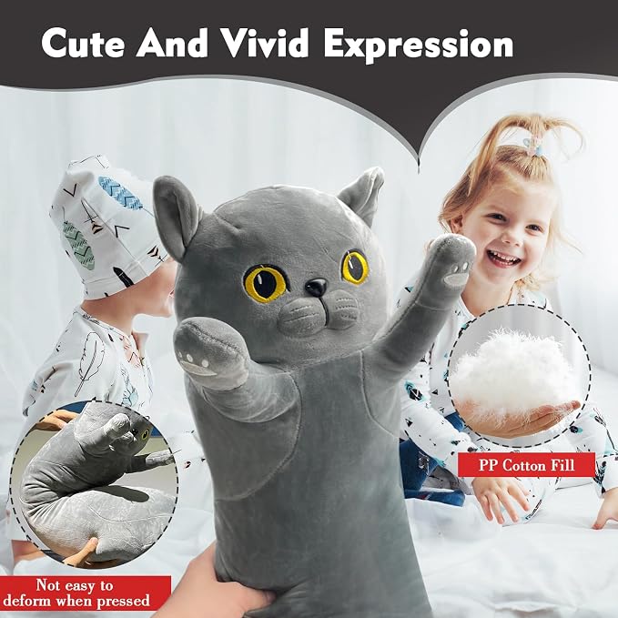 Long Cat Plush Pillow, 27.6in Cute Gray Cat Plushie Stuffed Animals Body Pillow, Kawaii Kitten Soft Plushie Doll Toy Birthday Gift for Children Girlfriend