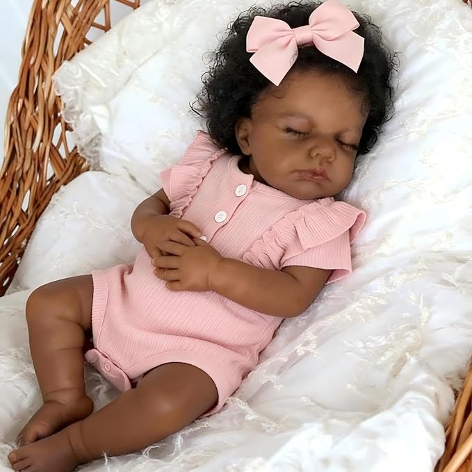 Pinky Reborn Baby Dolls Girl Black 20 Inch Full Body Silicone Vinyl Doll Girl Realistic African American Newborn Realistic Doll Toy for Kids Age 3+