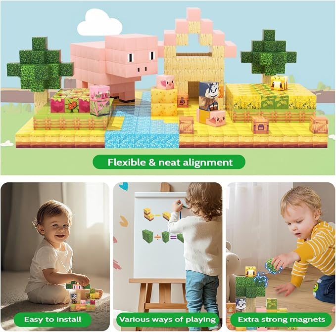Magnetic Blocks, 48PCS Magnetic Tiles Building Blocks, Magnet Cubes STEM Sensory Game Toys Christmas Birthday Gifts for Kids Girls Boys Age 3+ (Piggy Forest)