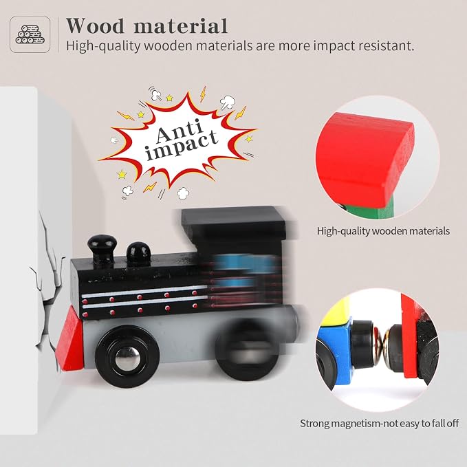 Wondertoys Wooden Train Set 16 PCS Train Toys Magnetic Set Includes Storage Bag - Wooden Track Accessories - Wooden Magnetic Car Set for Toddlers Kids Boys and Girls
