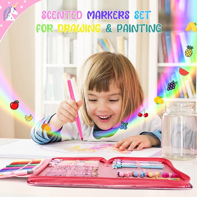 MAIGOZON Unicorn Art Supplies for Girls Ages 4-8 - 56 PCS Coloring Kit with Scented Markers, Gel Pens & Glitter Pencil Case, Kids Drawing Set Birthday Holiday Gifts for Girls 6 7 8