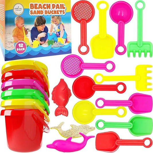 24-Count Mini Beach Day Playsets, 3.25" Sand Bucket Play Set Box Includes, Pail, Shovel, Rake, Sifter Scoop, Dolphin Fish Sand Trays Toy for Boys and Girls Birthday Party Favor (24-Pack)