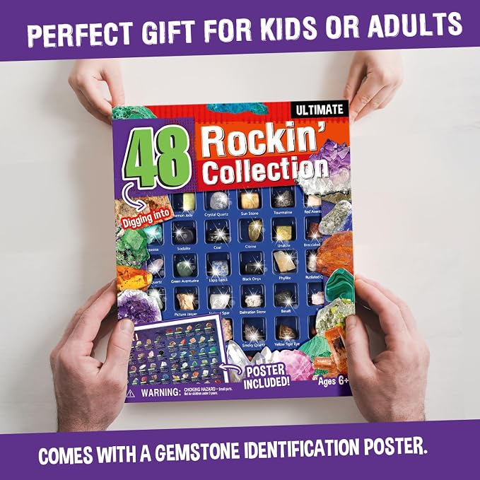 Gamerside Rocks for Kids - 48 Real Rocks, Gemstones & Crystals Collection – Educational Science Kit, Great Rock Collections STEM Gift for Boys & Girls Ages 6-12